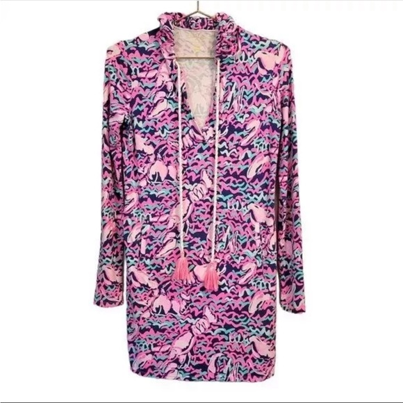 Lilly Pulitzer | Rylie UPF 50+ Cover Up Hooded Dress in Lobstah Roll Print S - Picture 9 of 9